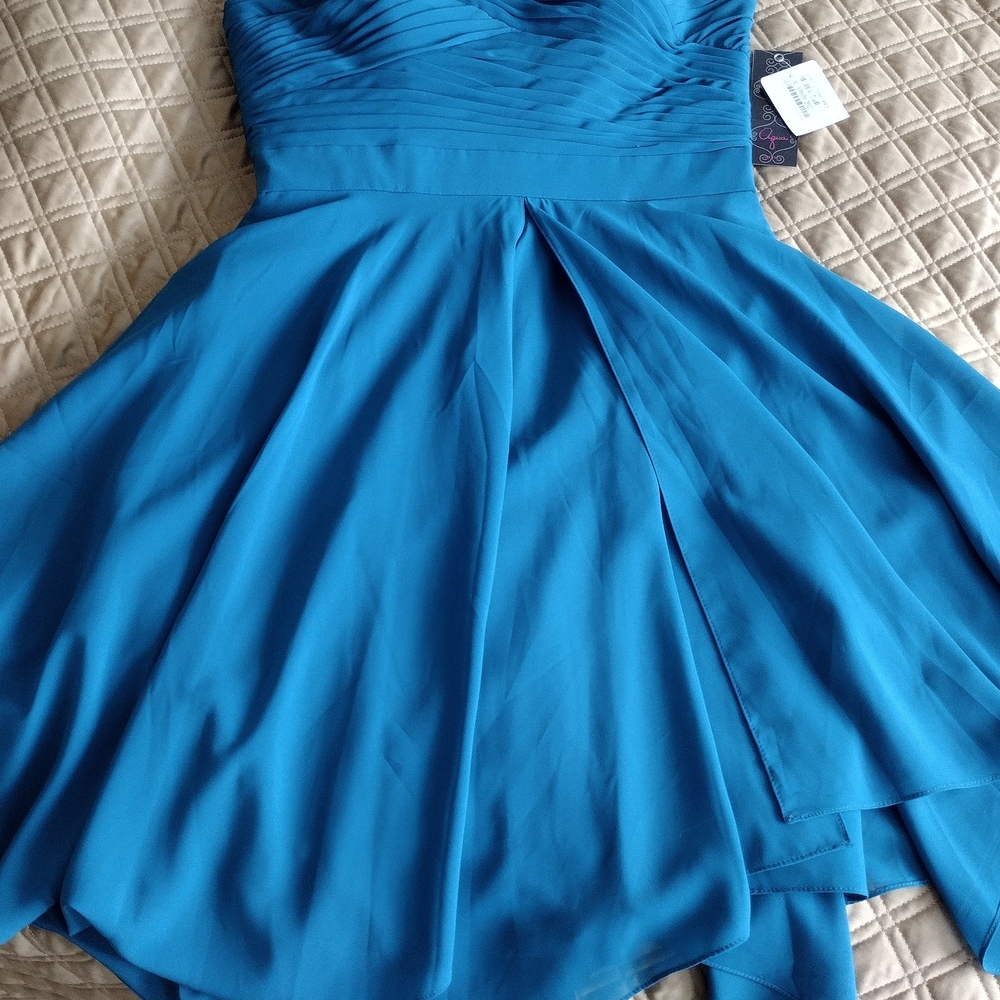 Aqua Teal Peacock Blue Color Strapless Dress - Picture 6 of 11